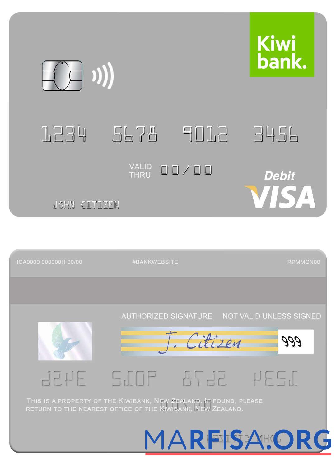 Printable New Zealand Kiwibank visa debit card real example